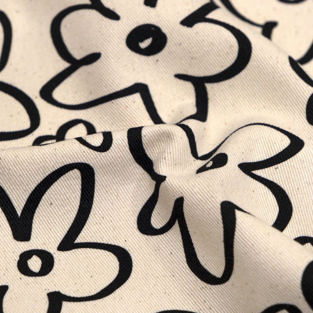 Doodle Daisy Printed Cotton Twill - Natural/Black - Image 2