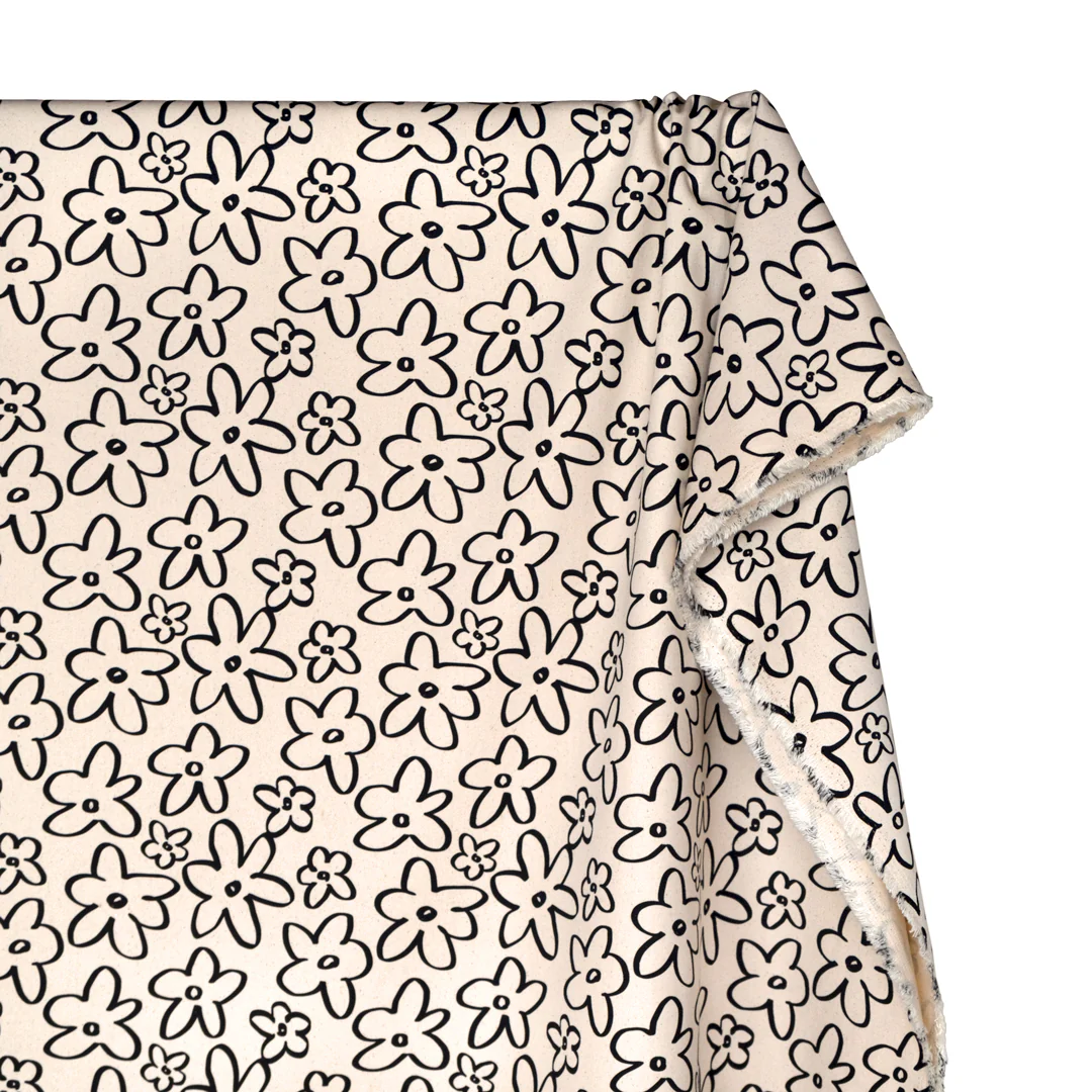 Doodle Daisy Printed Cotton Twill - Natural/Black - Image 3