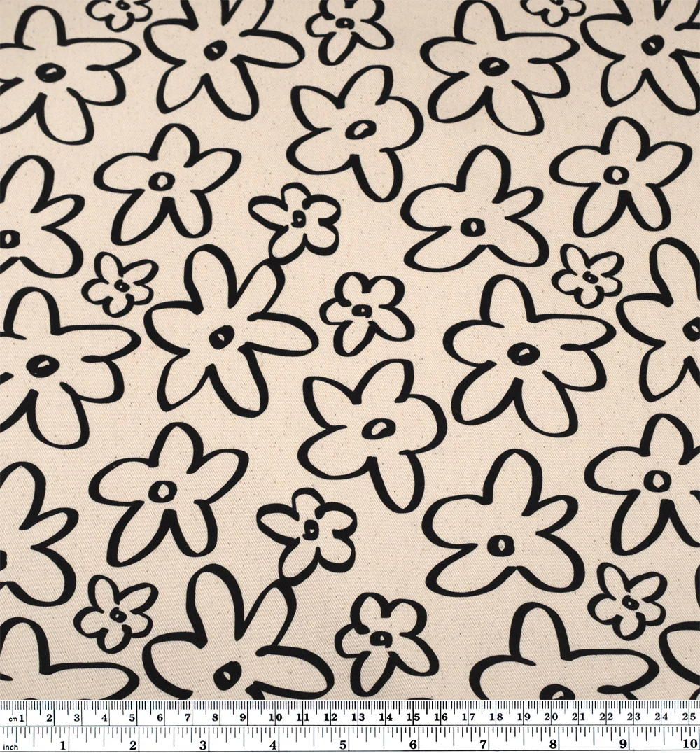 Doodle Daisy Printed Cotton Twill - Natural/Black - Image 4