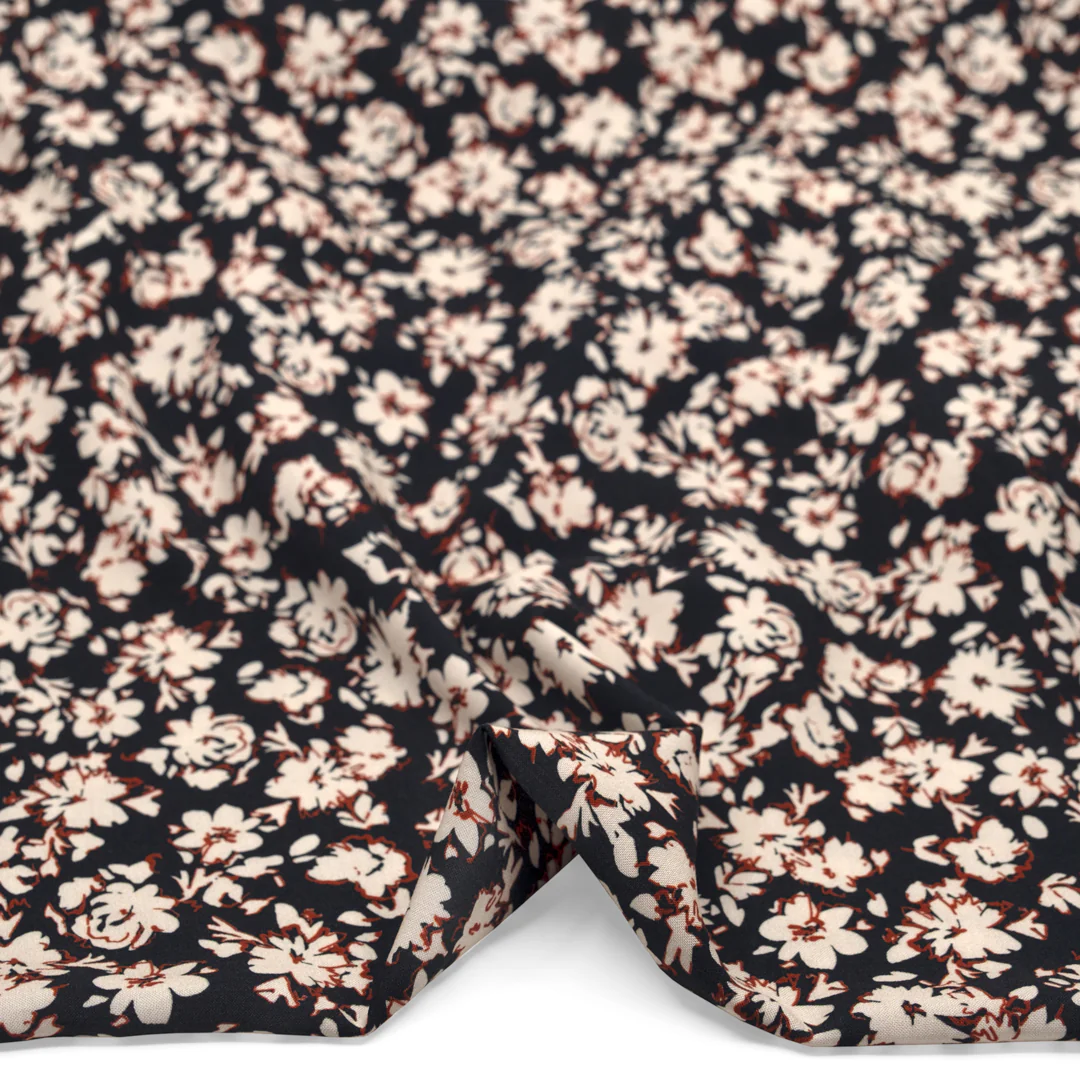 Floral Impression Printed Viscose Challis - Ink/Ivory/Madder