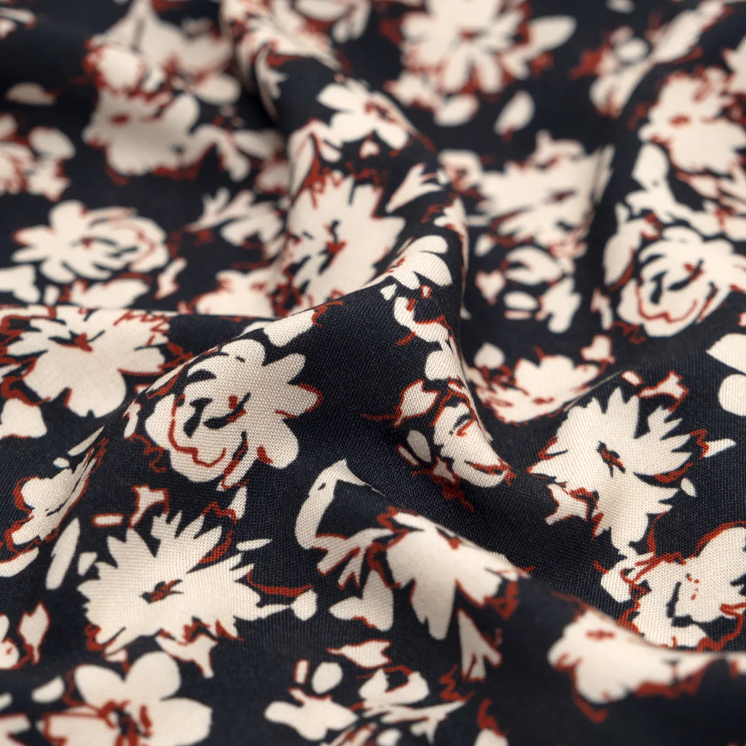 Floral Impression Printed Viscose Challis - Ink/Ivory/Madder - Image 2