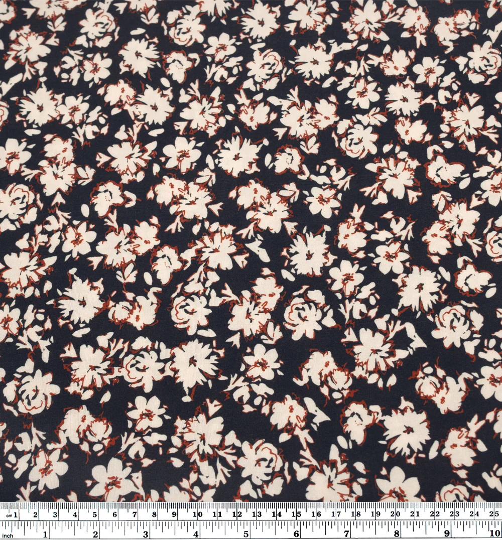 Floral Impression Printed Viscose Challis - Ink/Ivory/Madder - Image 3