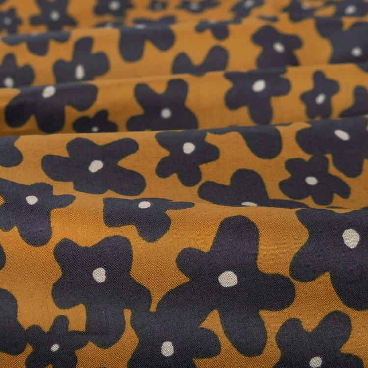 Floral Print Cotton Lawn - Navy/Ochre