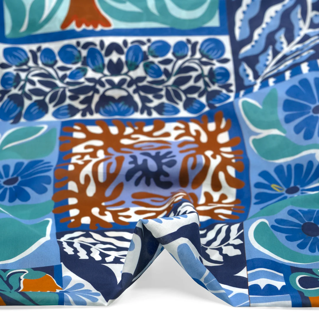 Flower Market Printed Cotton Voile - Navy/Turquoise/Carrot