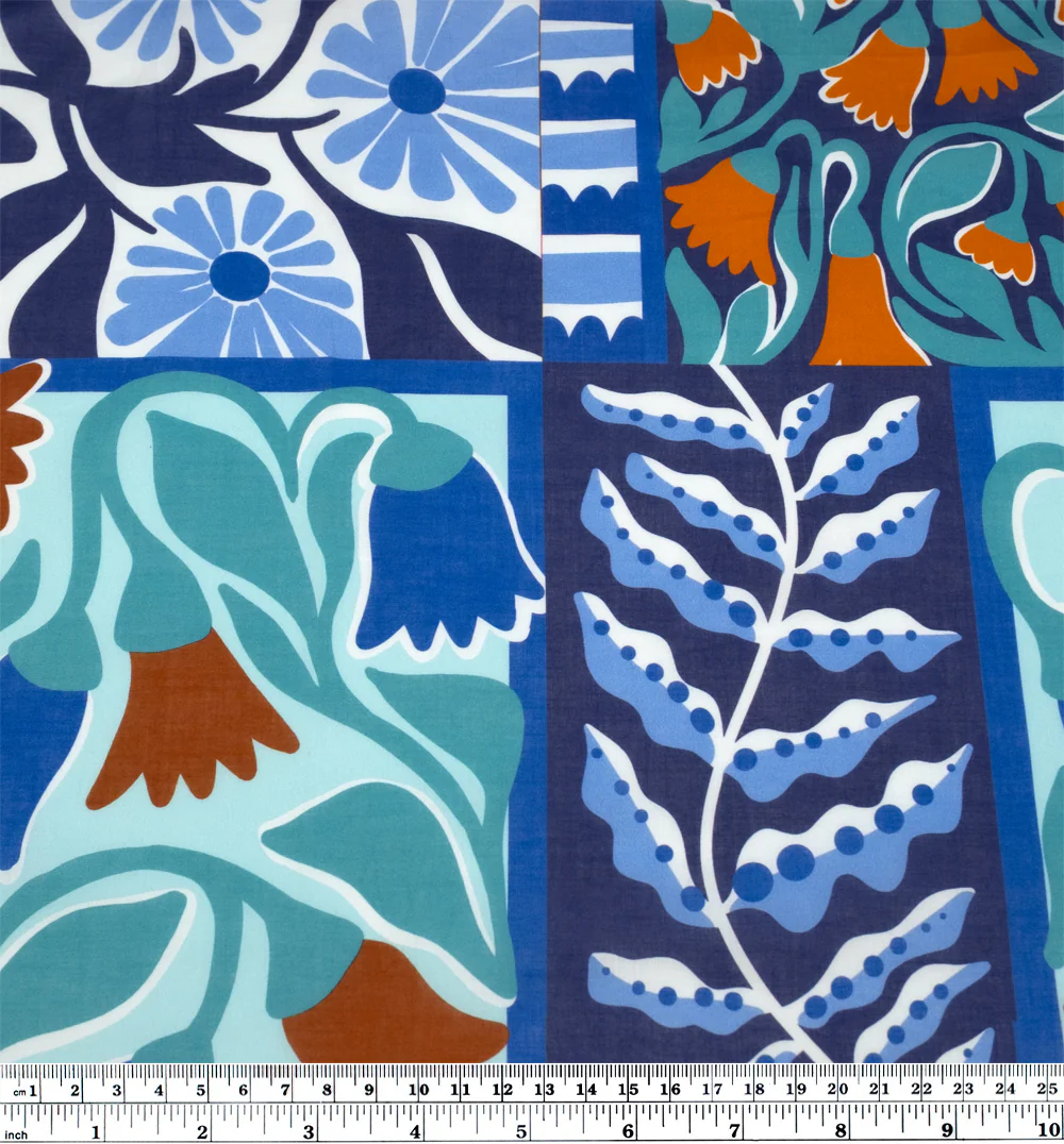 Flower Market Printed Cotton Voile - Navy/Turquoise/Carrot - Image 4