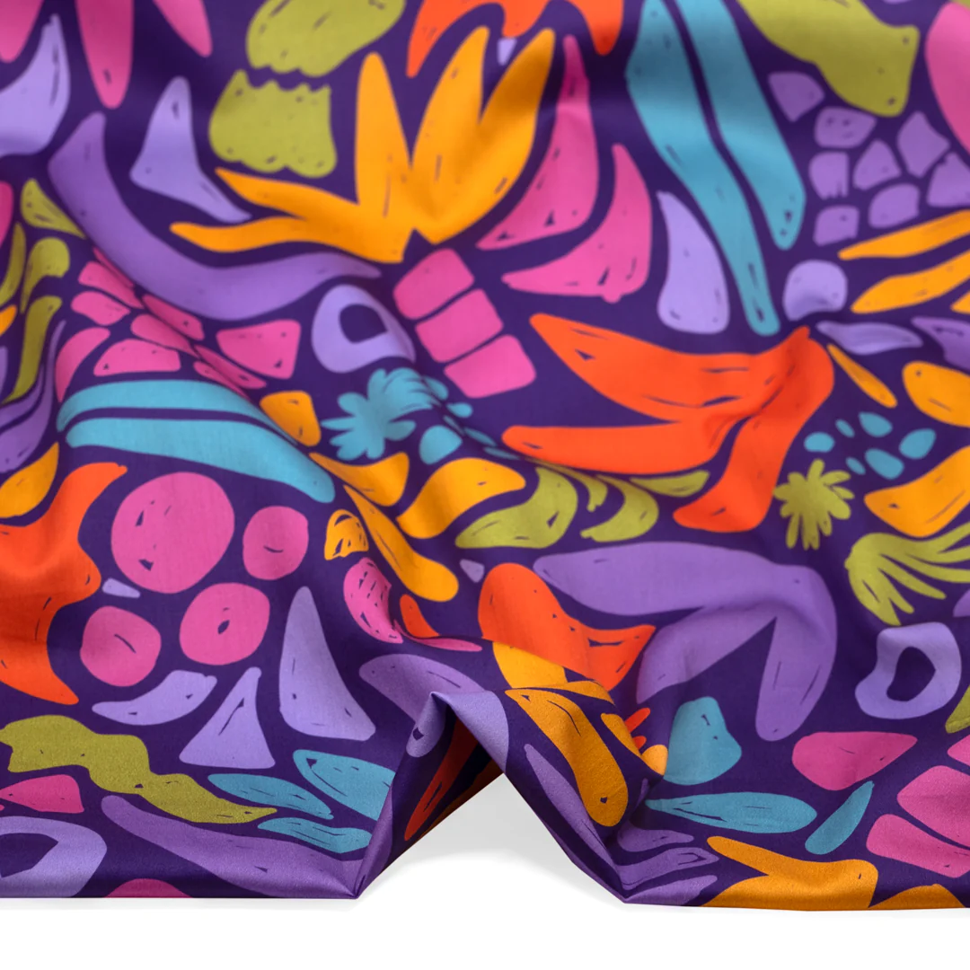Forest Flight Organic Cotton Sateen - Deep Purple/Tangerine/Multi