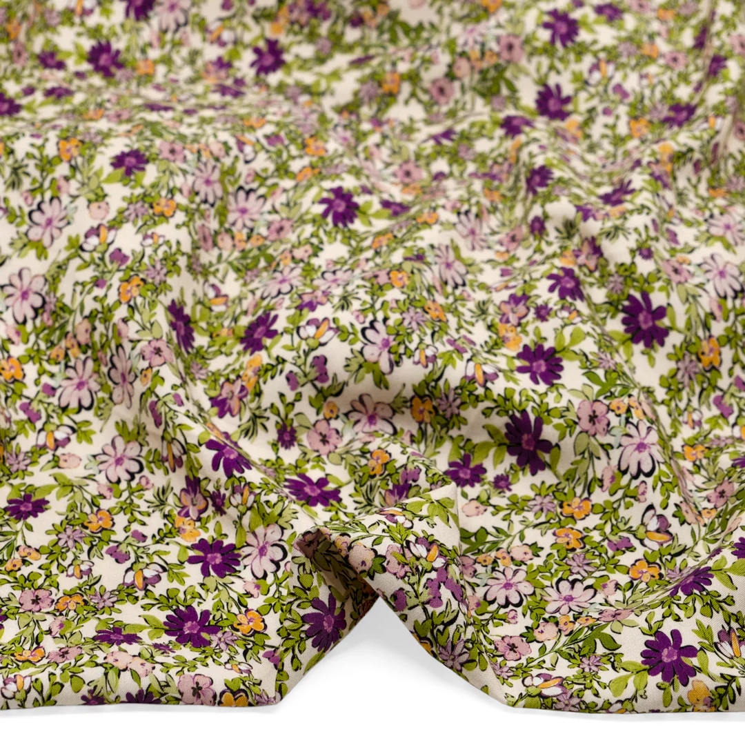 Garden Walk Printed Viscose Challis - Cream/Orchid - Image 3