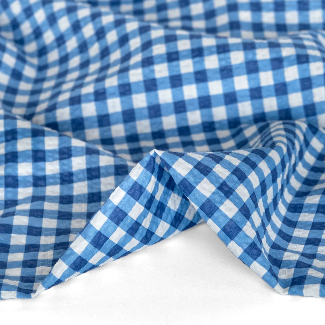 Gingham Crinkle Cotton - Blue/Ivory