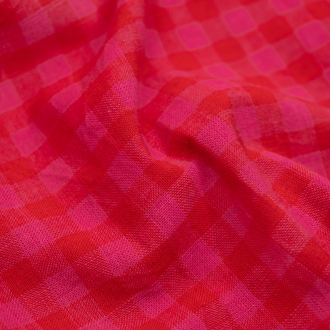 Gingham Handwoven Khadi Cotton - Flame/Punch