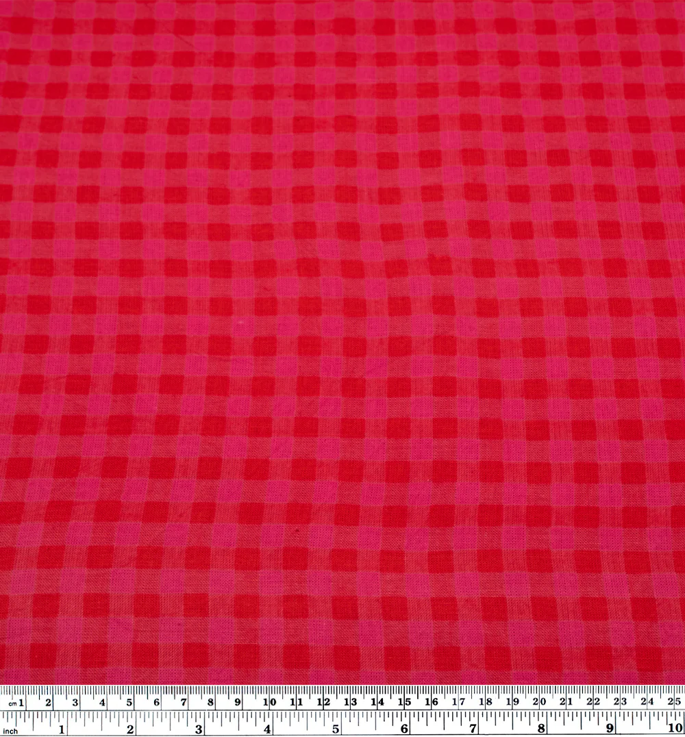 Gingham Handwoven Khadi Cotton - Flame/Punch - Image 3
