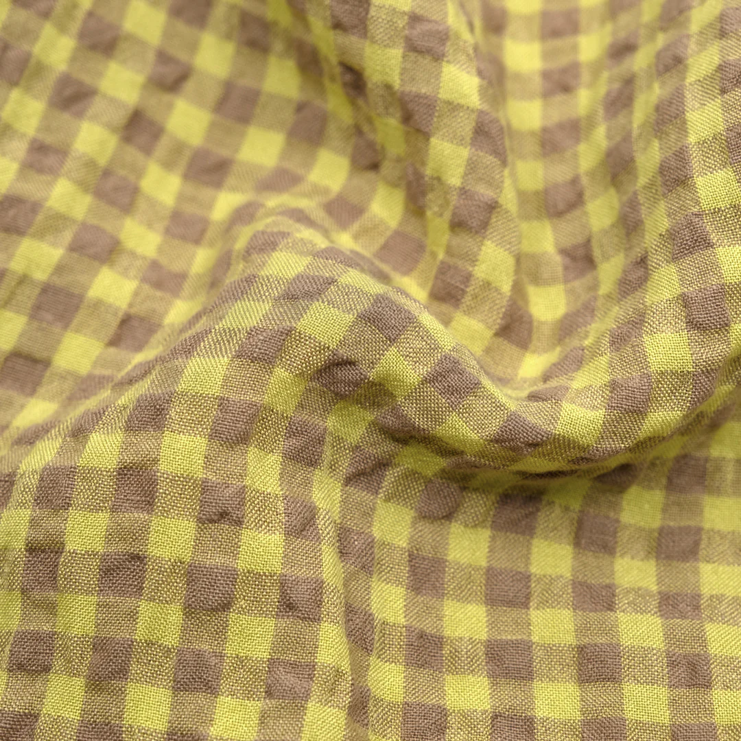 Gingham Linen Rayon Gauze - Limeade/Latte