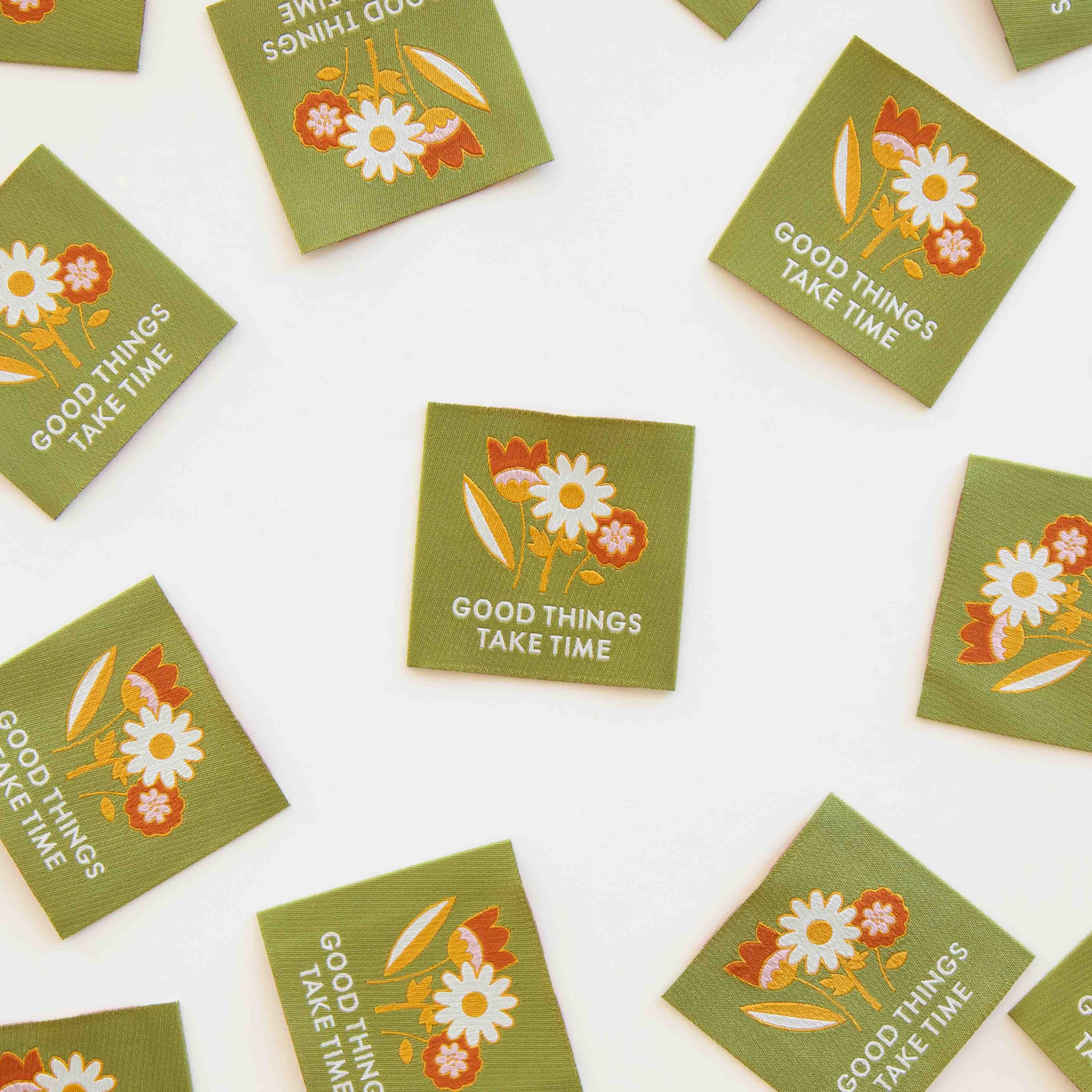 GOOD THINGS TAKE TIME Large Woven Labels By Sarah Hearts