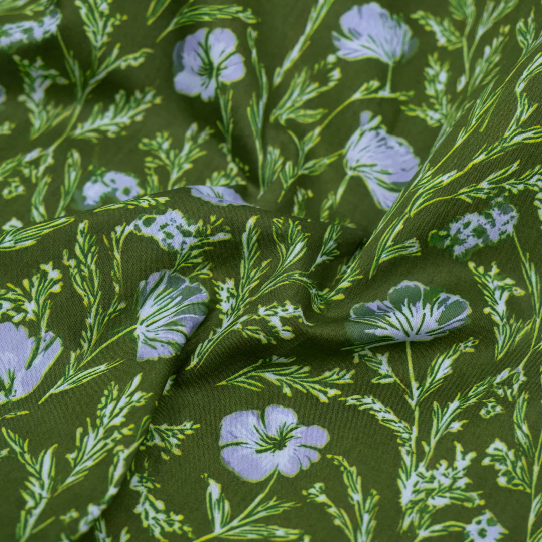 Herbaceous Printed Cotton Lawn - Grass/Periwinkle