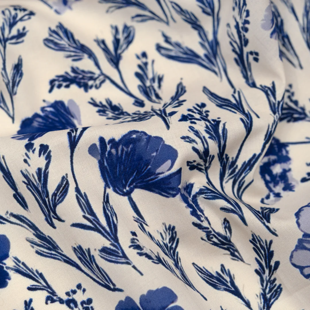 Herbaceous Printed Cotton Lawn - Parchment/Sapphire