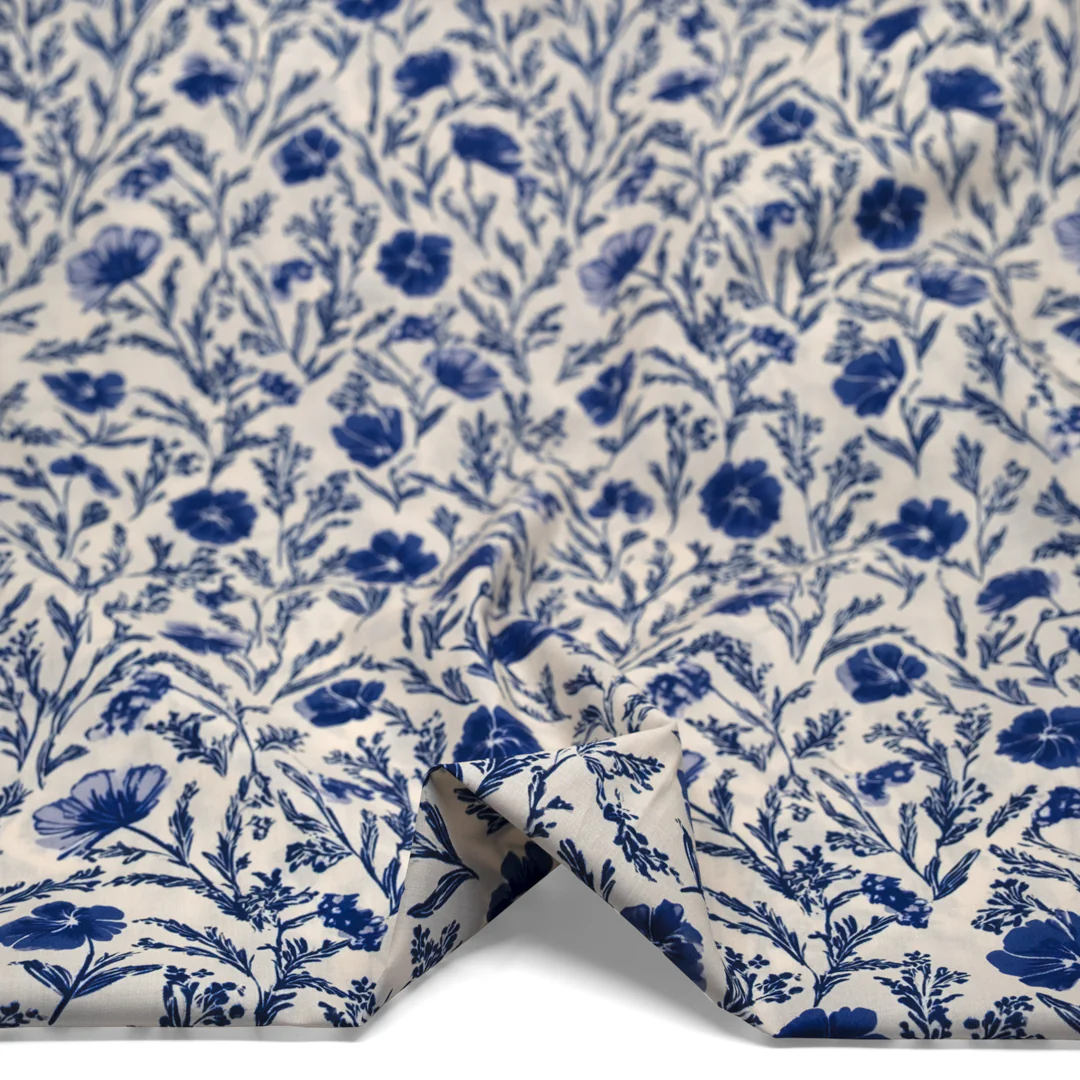 Herbaceous Printed Cotton Lawn - Parchment/Sapphire - Image 2