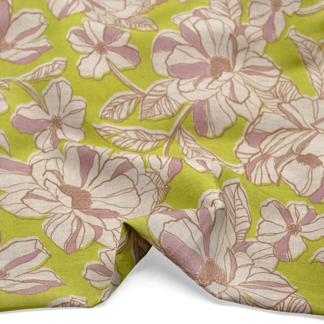 Herbaceous Printed Viscose Linen - Limeade/Almond