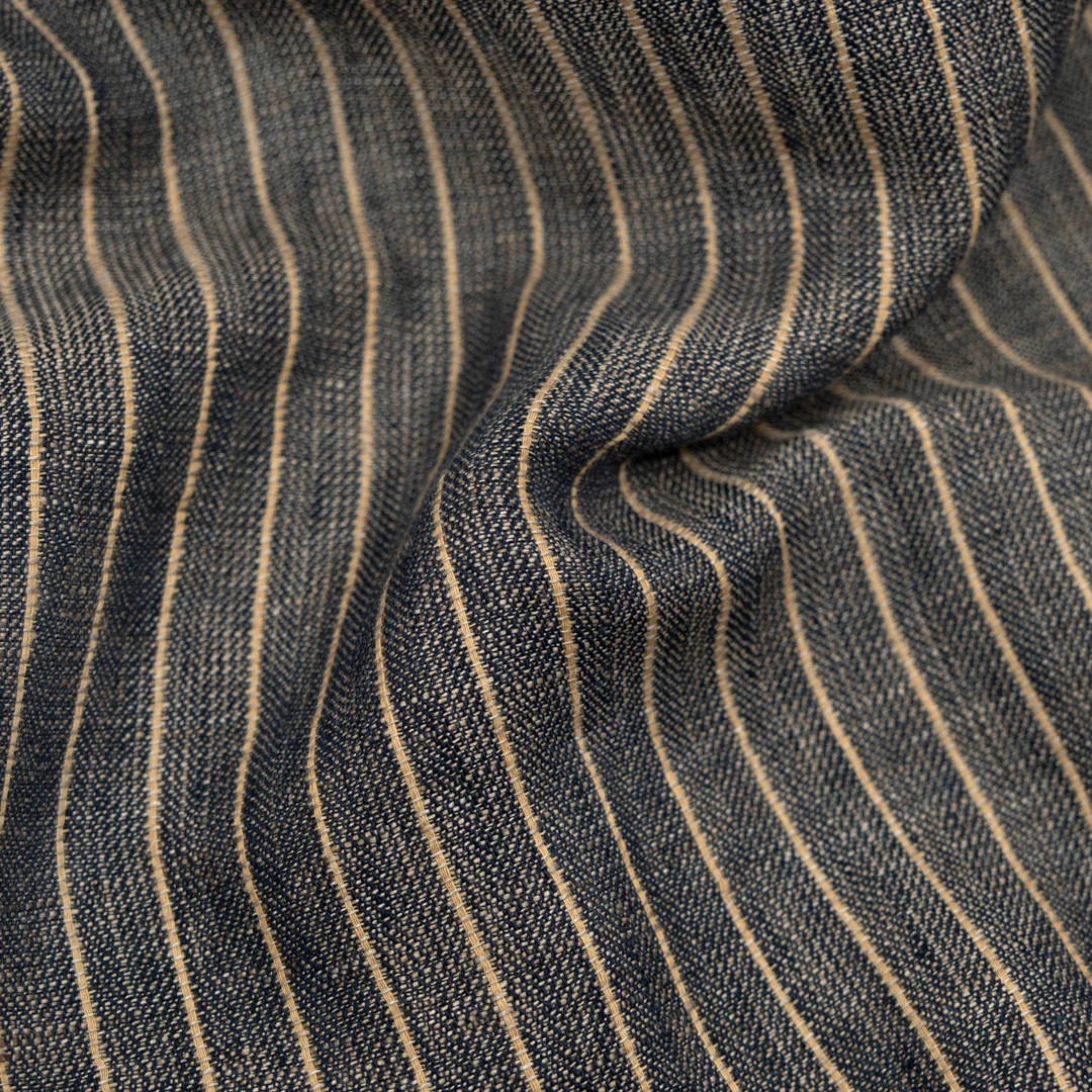 Herringbone Stripe Yarn Dyed Linen Cotton - Midnight Blue/Sand