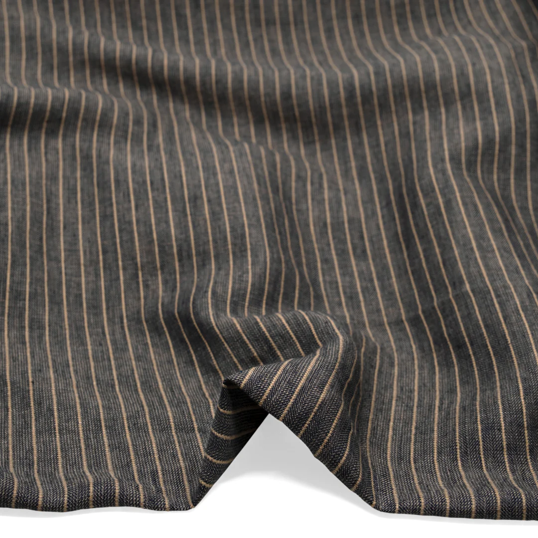 Herringbone Stripe Yarn Dyed Linen Cotton - Midnight Blue/Sand - Image 2