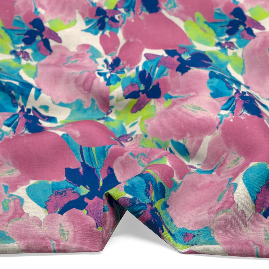 Inkblot Floral Printed Viscose Linen - Tulip/Bluebird/Multi