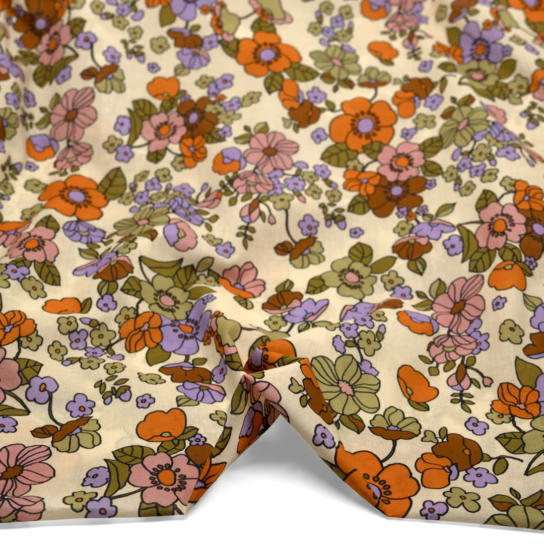 Jumbo Blooms Printed Cotton Voile - Cashew/Teak/Lavender
