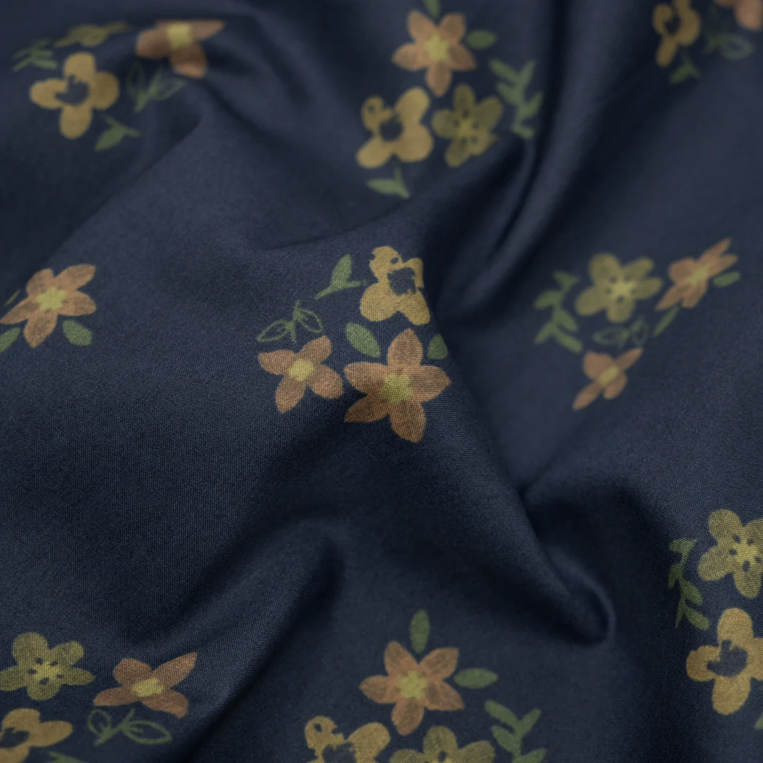 Memento Printed Cotton Lawn - Navy/Elmwood/Apricot