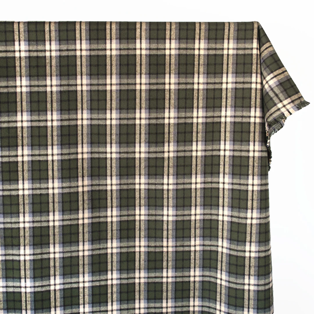 Midweight Plaid Cotton Flannel Twill - Green/Ivory/Grey - Image 2