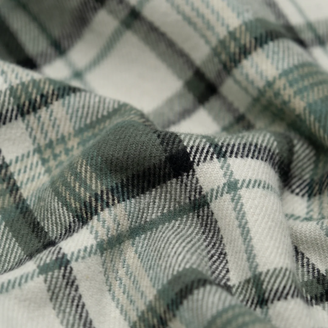 Midweight Plaid Cotton Flannel Twill- Jade/Limestone