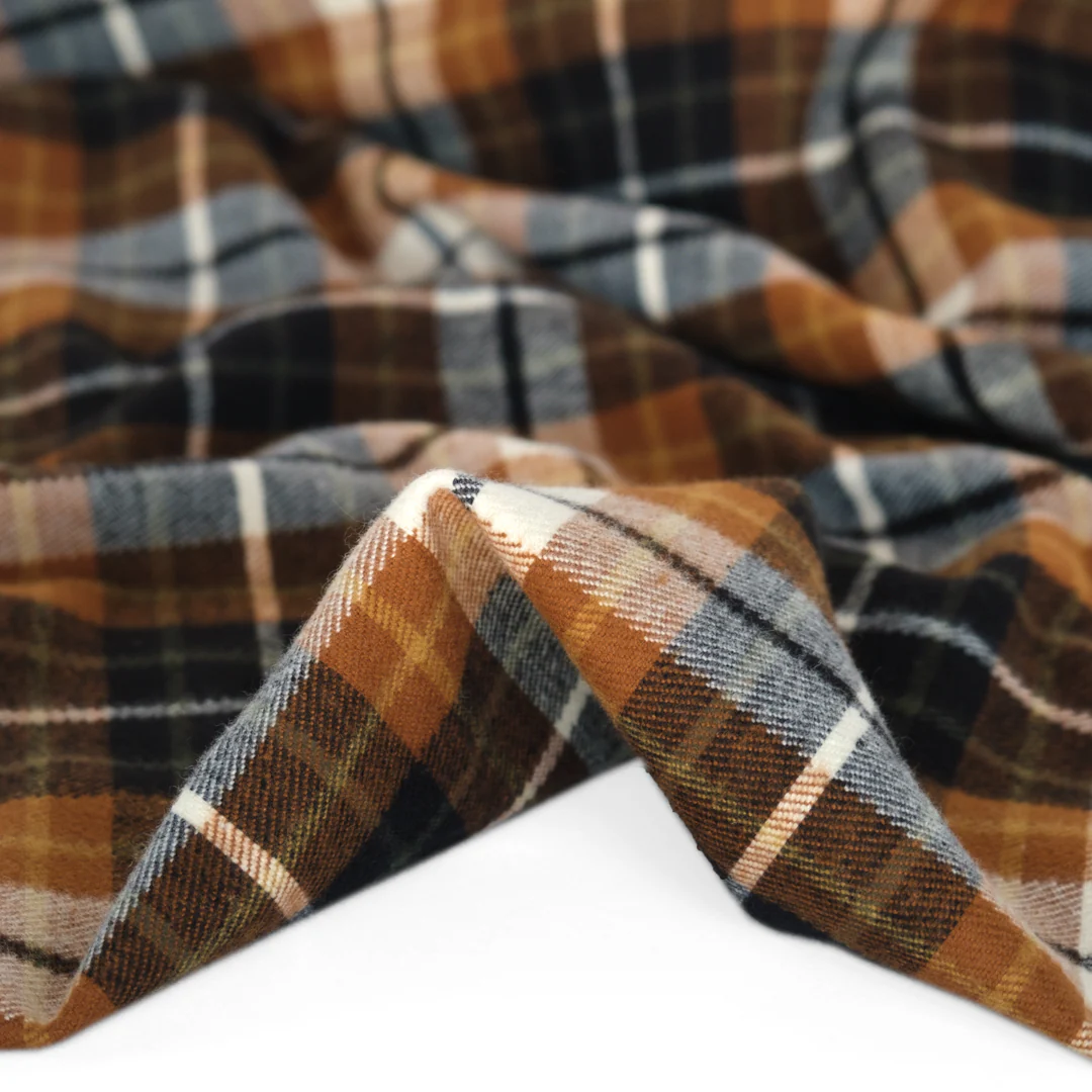Midweight Plaid Cotton Flannel Twill - Teak/Black/Ivory