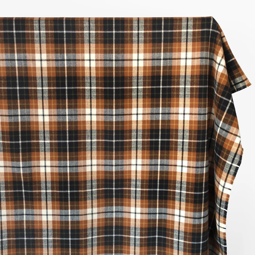 Midweight Plaid Cotton Flannel Twill - Teak/Black/Ivory - Image 2