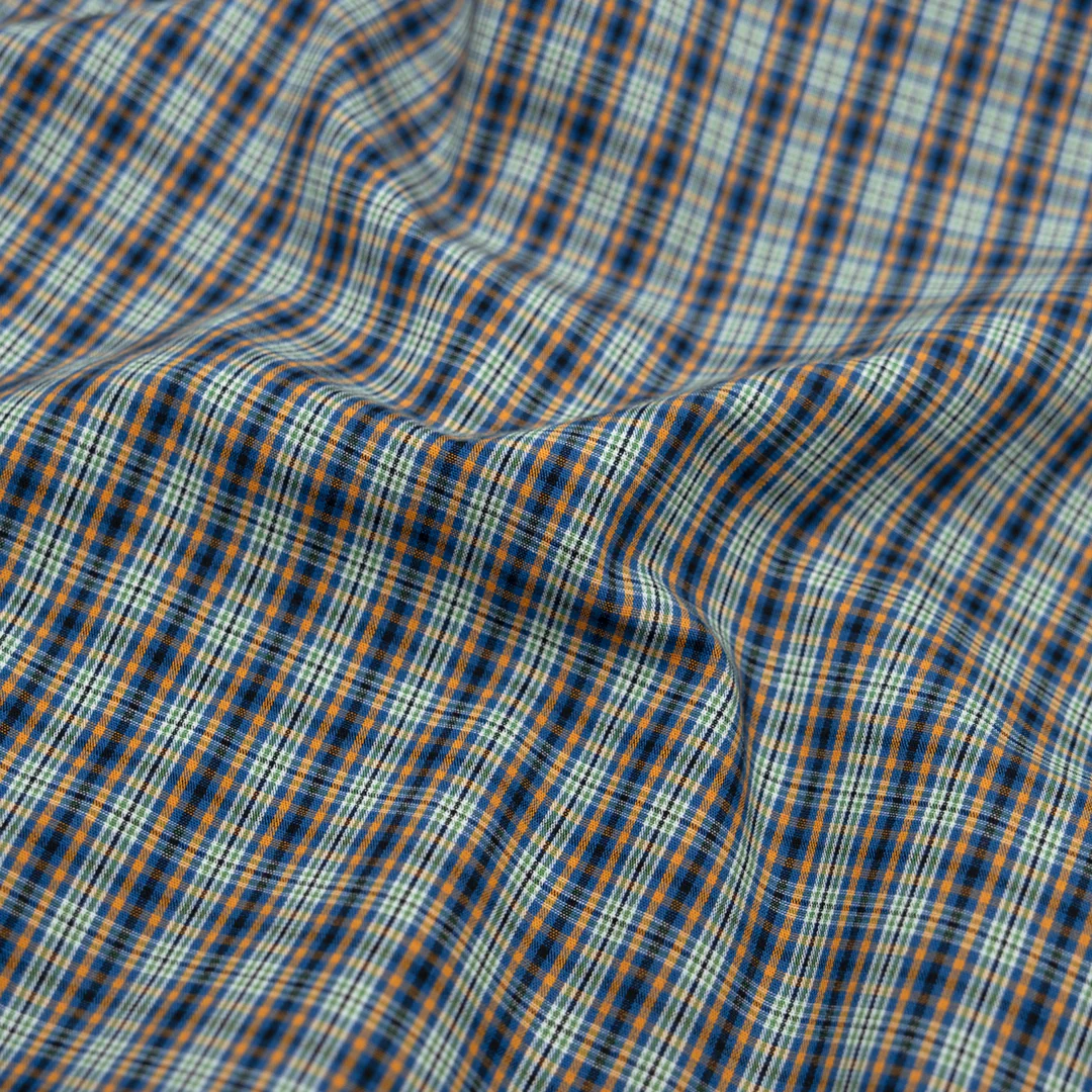 Mini Plaid Cotton Shirting - Royal Blue/Tangerine/Multi