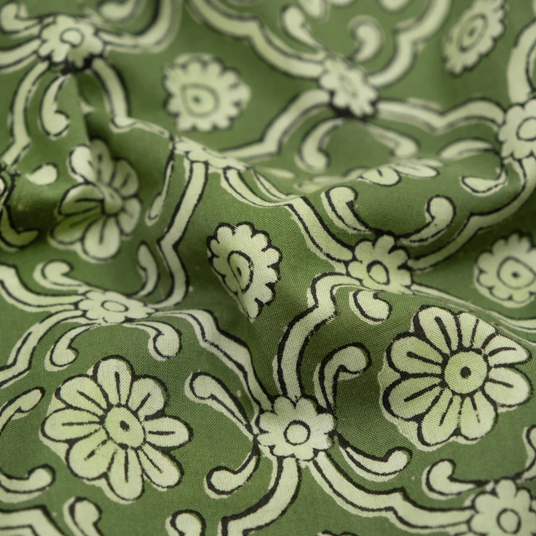 Mosaic Block Printed Organic Cotton Batiste - Chive/Eucalyptus