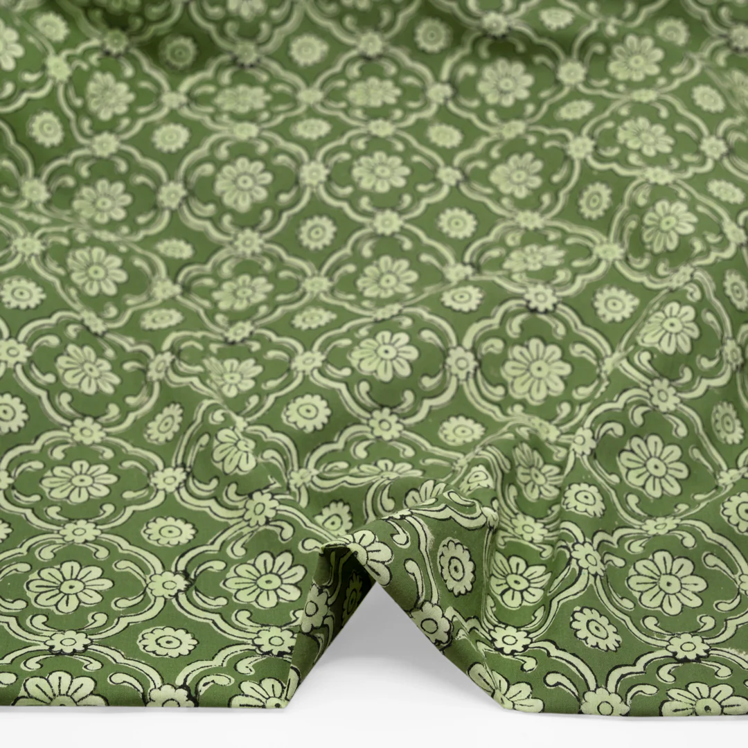 Mosaic Block Printed Organic Cotton Batiste - Chive/Eucalyptus - Image 2