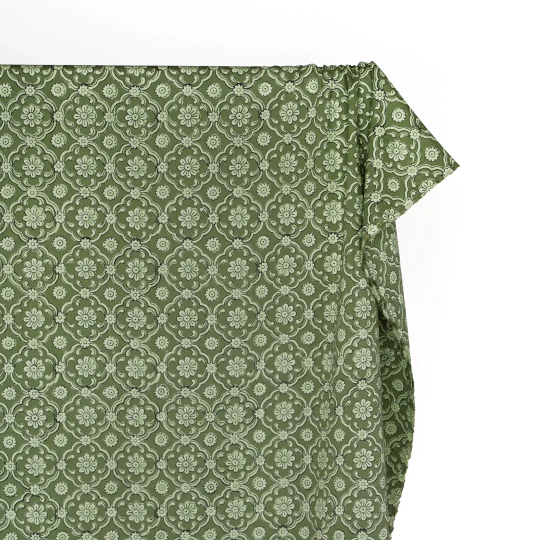 Mosaic Block Printed Organic Cotton Batiste - Chive/Eucalyptus - Image 3