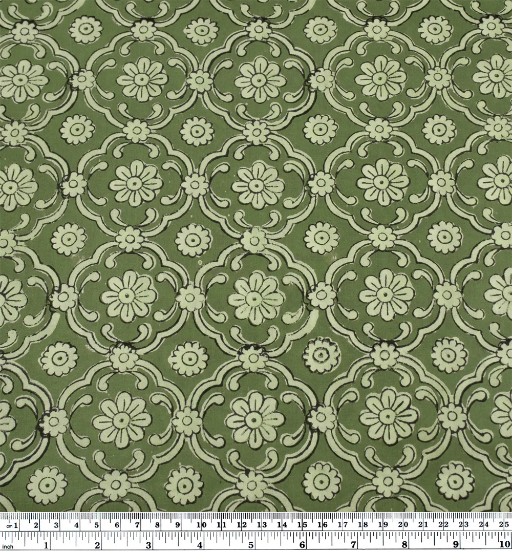 Mosaic Block Printed Organic Cotton Batiste - Chive/Eucalyptus - Image 4
