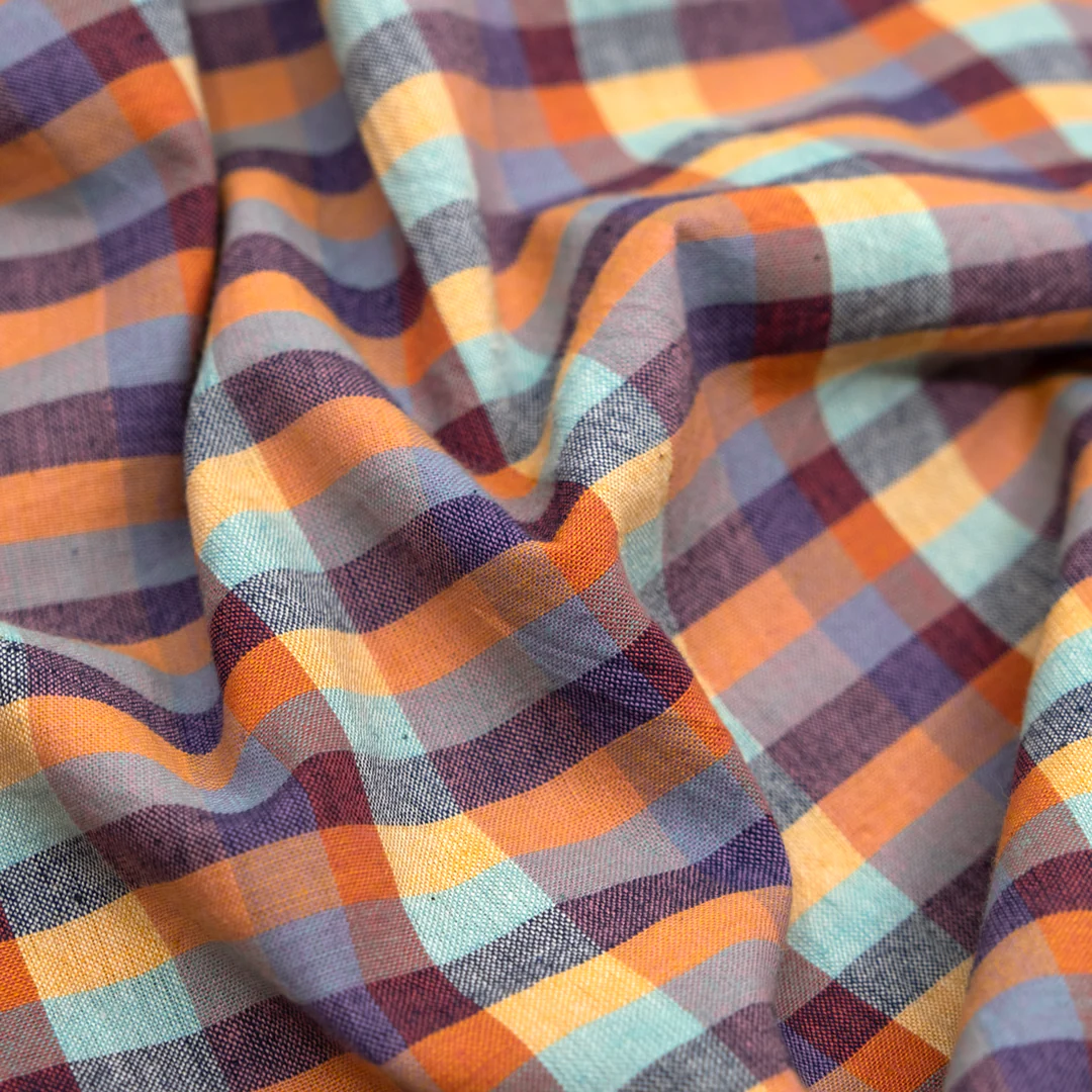 Multi Check Handwoven Cotton - Papaya/Ice Blue/Multi