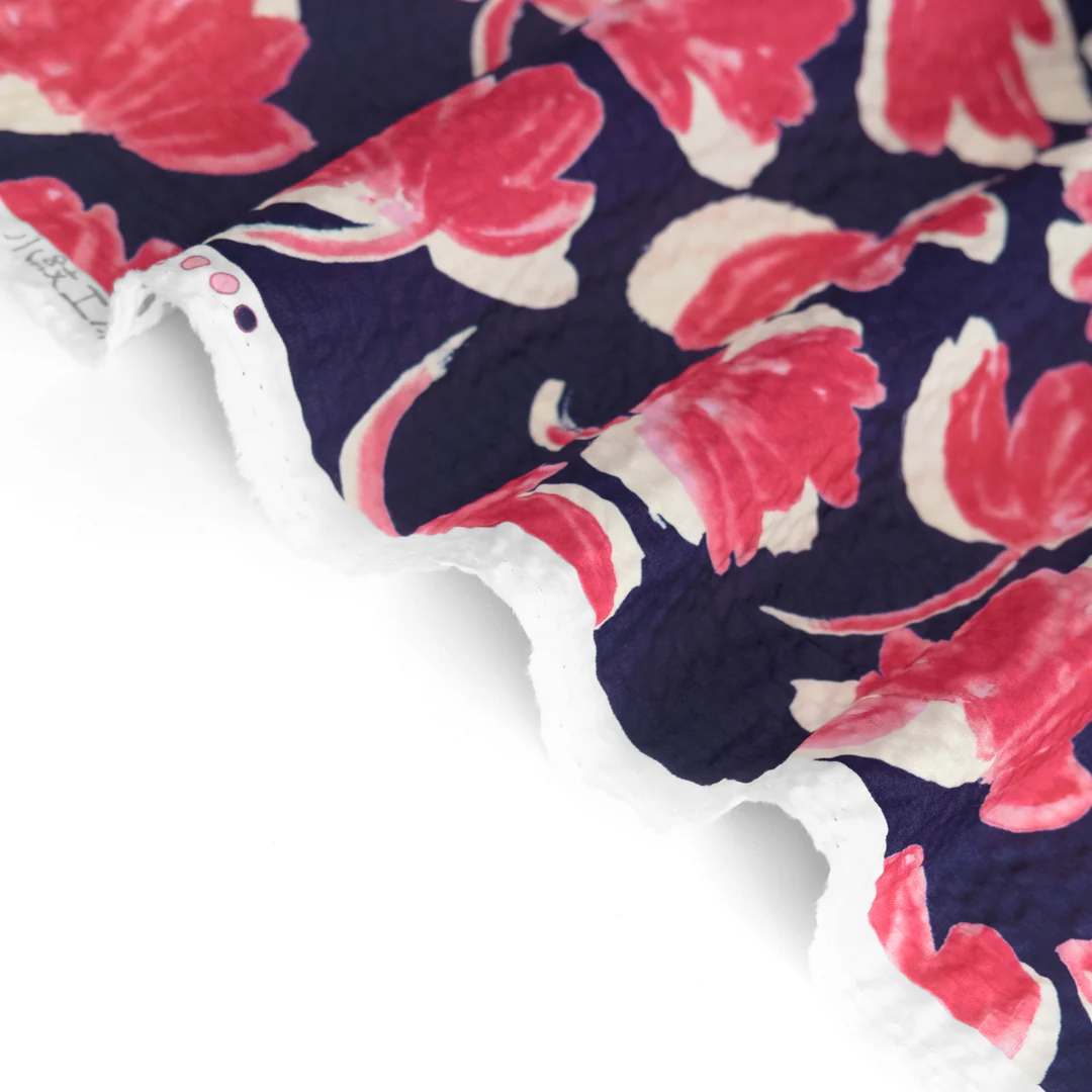 Painted Floral Crinkle Cotton - Camelia/Navy - Image 3