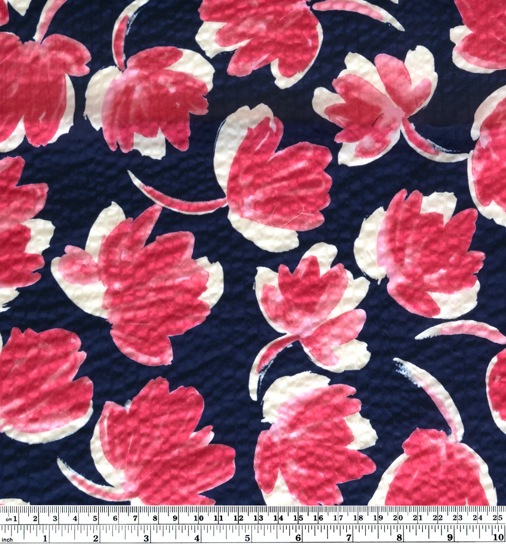 Painted Floral Crinkle Cotton - Camelia/Navy - Image 4