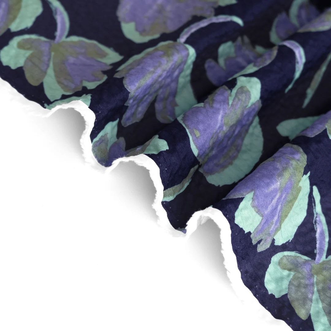Painted Floral Crinkle Cotton - Dusty Teal/Navy - Image 3