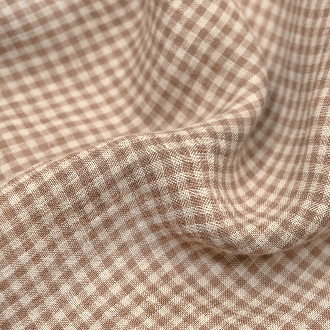 Picnic Gingham Washed Linen - Mushroom/Cream