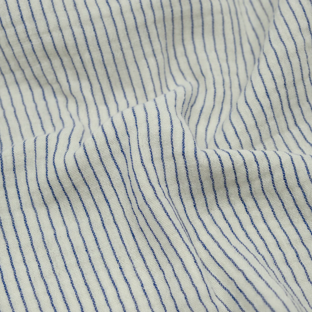 Pinstripe Organic Cotton Double Gauze - Limestone/Sapphire