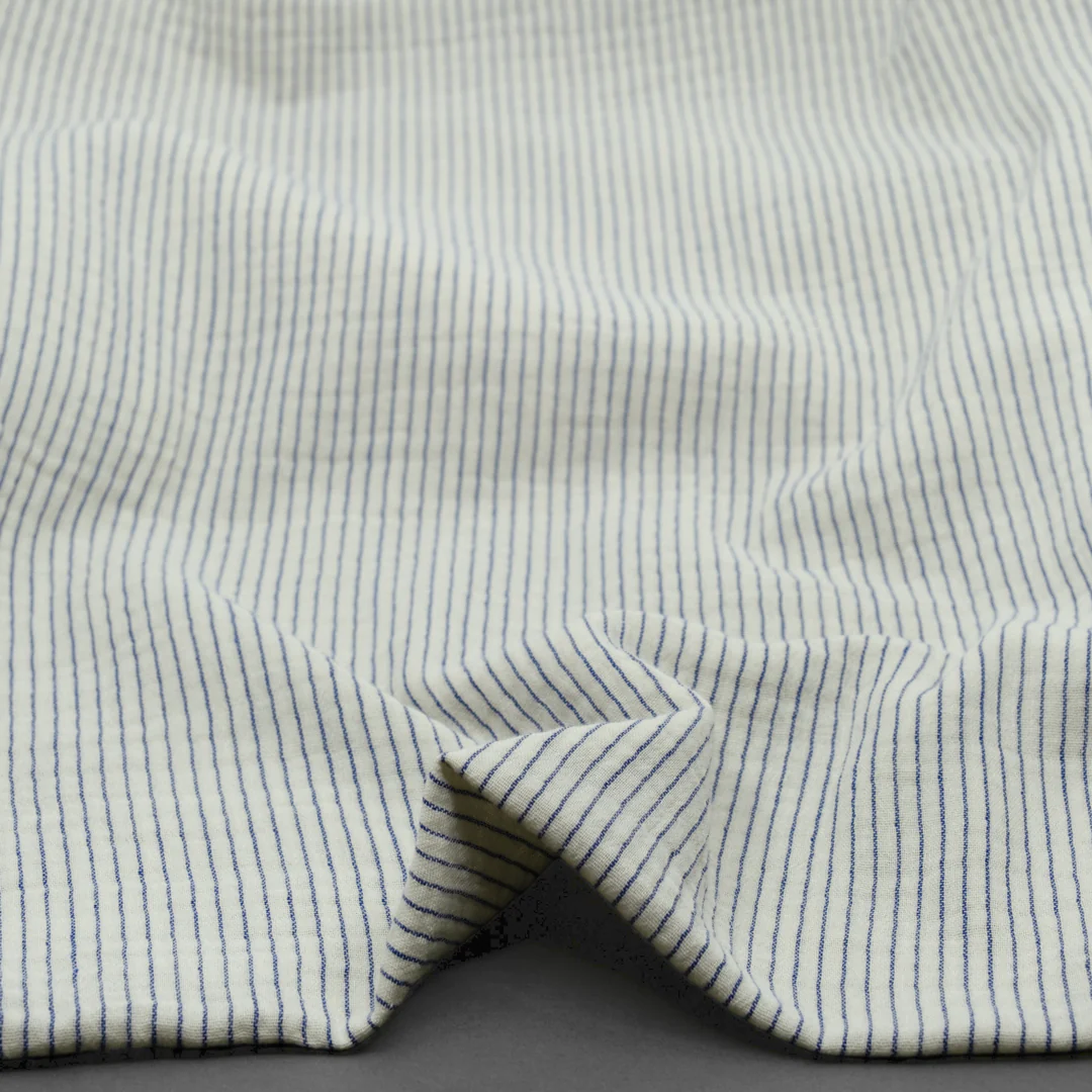 Pinstripe Organic Cotton Double Gauze - Limestone/Sapphire - Image 2