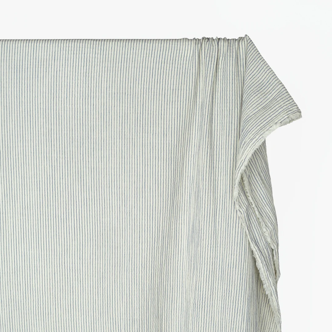 Pinstripe Organic Cotton Double Gauze - Limestone/Sapphire - Image 3