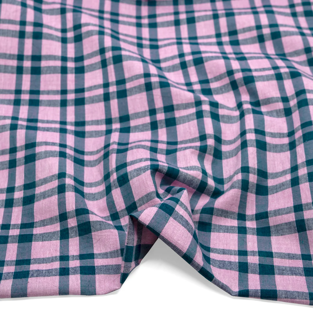 Plaid Handwoven Cotton - Carnation/Harbour - Image 2