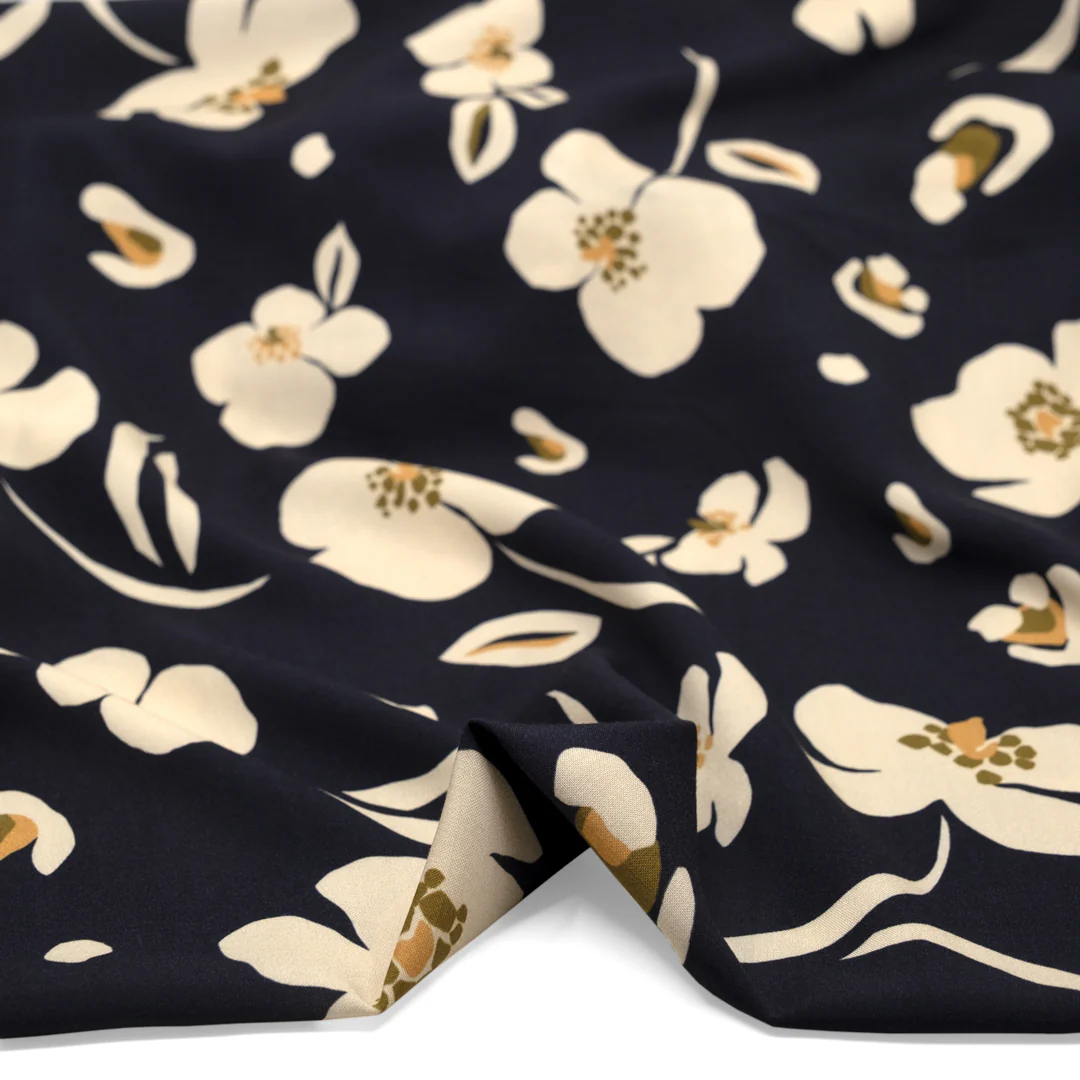 Poppy Printed Viscose Challis - Midnight Blue/Cream