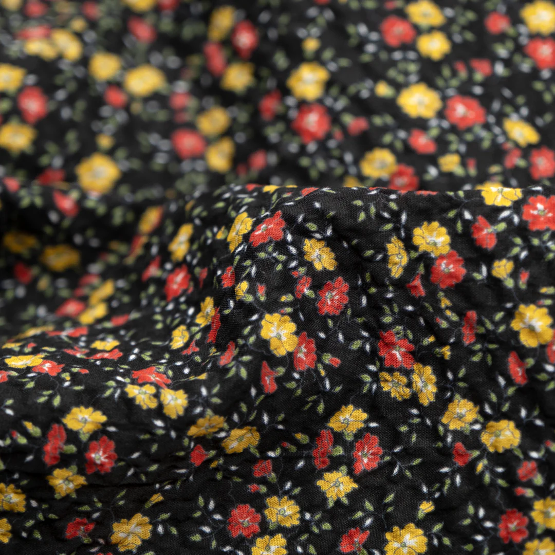 Prairie Floral Crinkle Cotton - Black/Crimson/Marigold