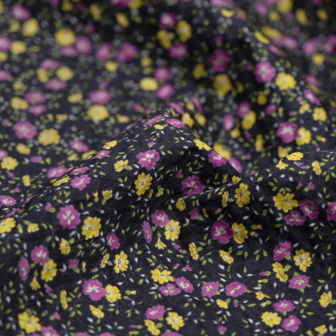 Prairie Floral Crinkle Cotton - Navy/Amaranth/Citron