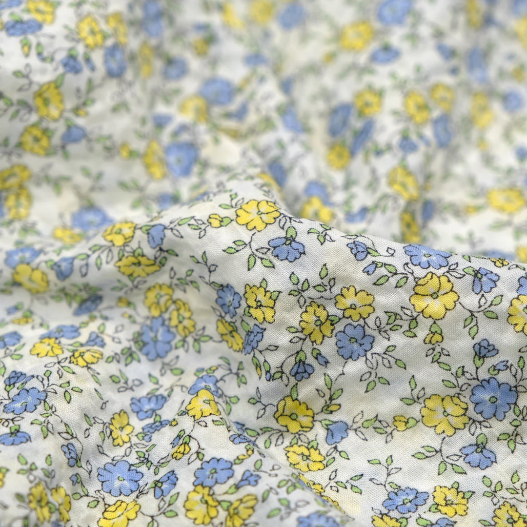 Prairie Floral Crinkle Cotton - White/Lemon/Cornflower