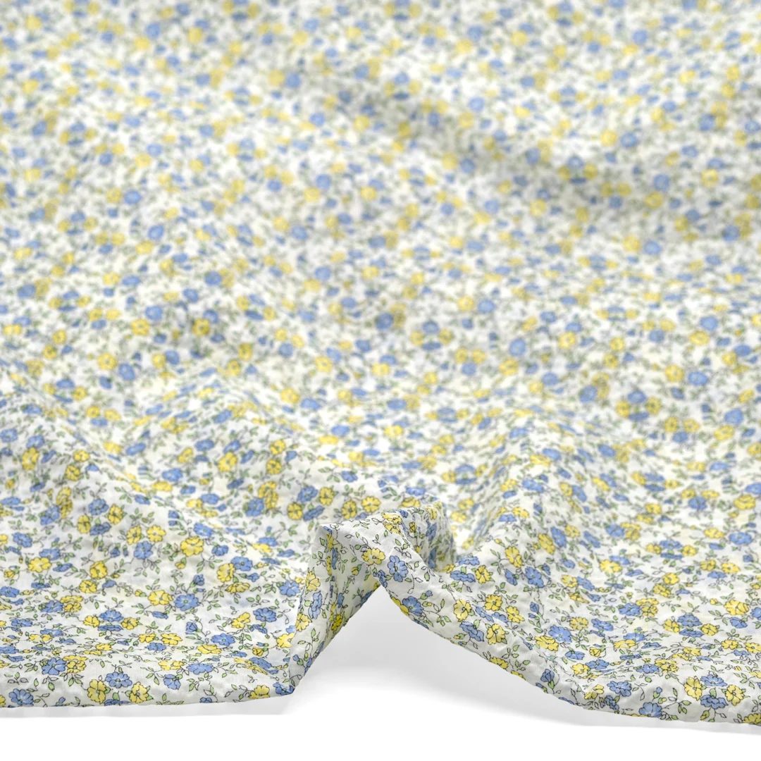 Prairie Floral Crinkle Cotton - White/Lemon/Cornflower - Image 2