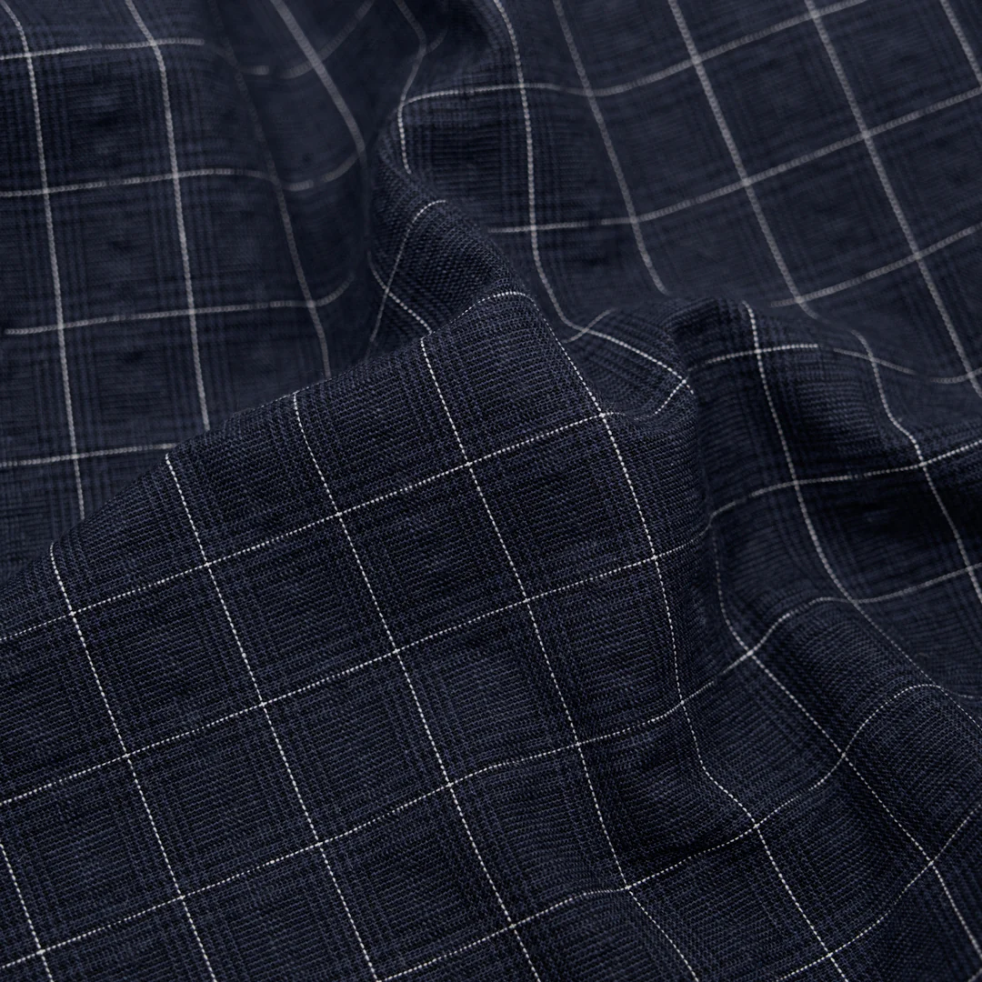Puckered Plaid Cotton Shirting - Midnight Blue/White