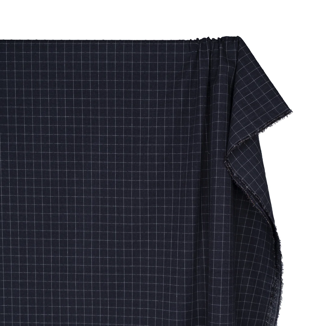 Puckered Plaid Cotton Shirting - Midnight Blue/White - Image 4